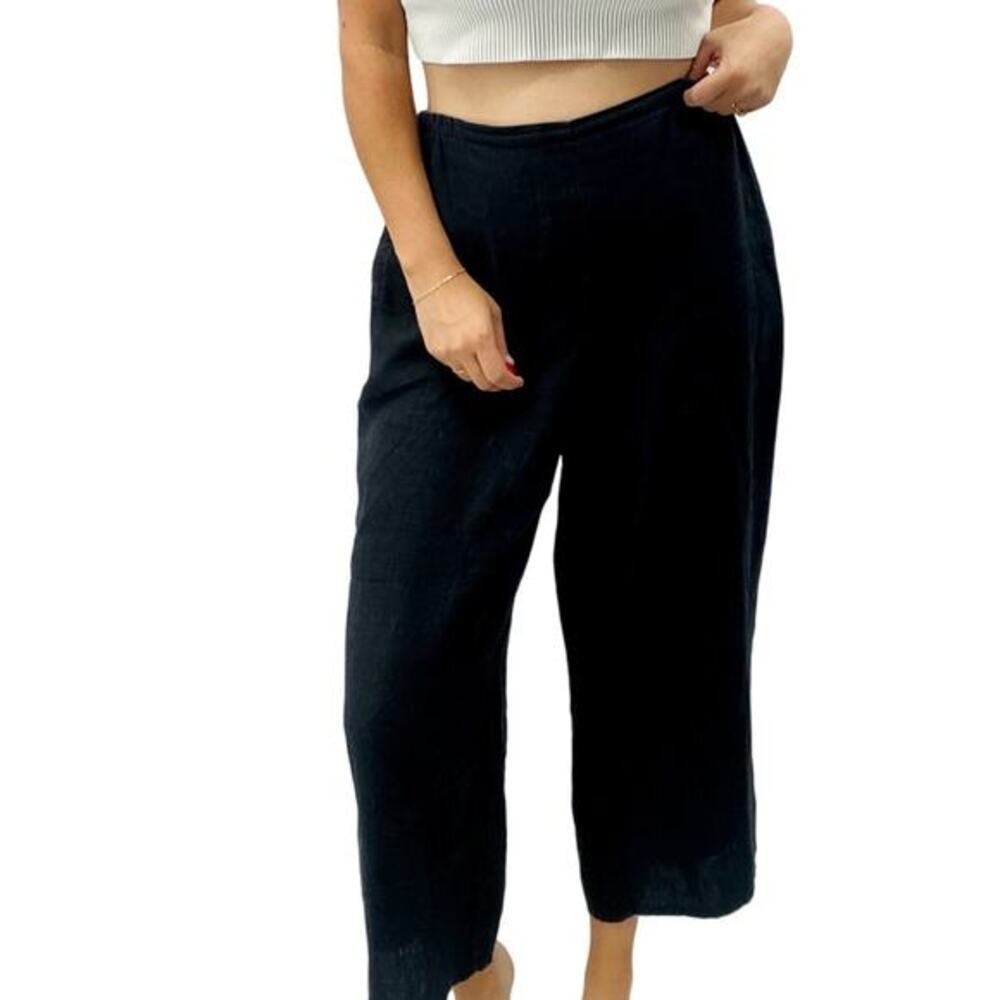 Flax black linen pull on wide leg pants